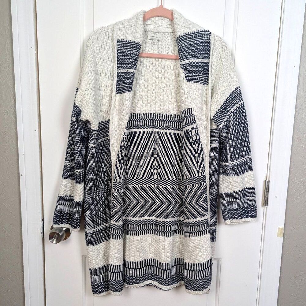 Lucky Brand | White Navy Geometric Pattern Open Front Cardigan Size Small